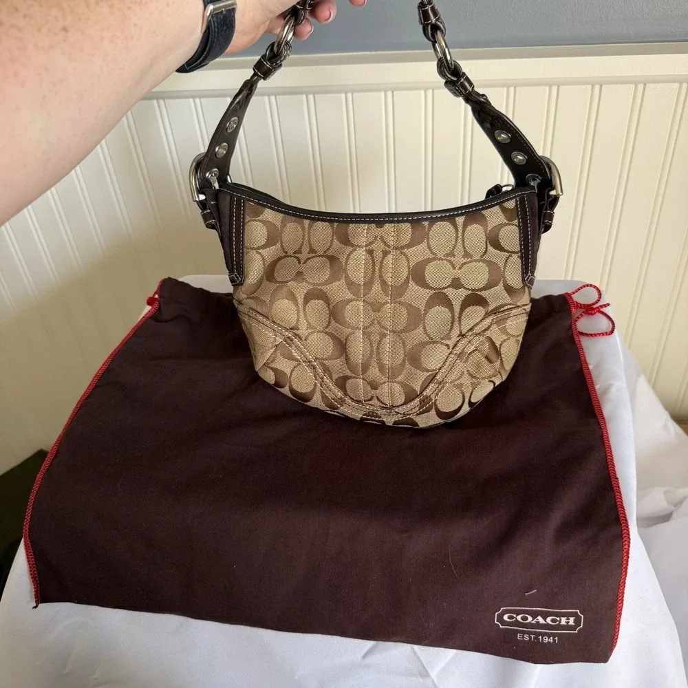 Vintage Coach Signature Jacquard Small Soho Hobo Bag Brown Tan Leather Y2K Purse